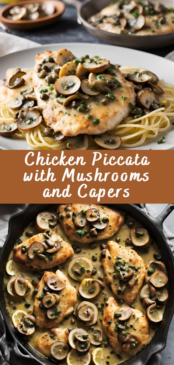 chicken piccata with mushrooms and capers in a skillet on a table