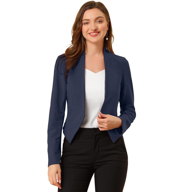 Shell: 95% Polyester, 5% Spandex. Lining: 100% Polyester. It creates a modern sleek look even at the office with this stunning cropped office blazer jacket. This smart collarless blazer features an angled hem that's shorter in the back for a fashionably cool look. An open-front design with hook eye closure for showing your amazing top inside. This piece makes you outstanding whether for a professional or a casual look. Suitable for Office look. Collarless Blazer, Cropped Blazer Jacket, Crop Blazer, Cropped Blazer, Long Sleeve Blazers, Work Office, Sleek Look, Chic Woman, Grey Blue