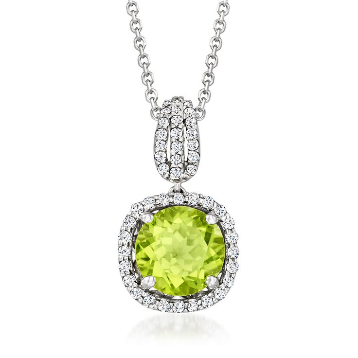 Ross-Simons - 2.10ct Peridot, .24ct t. w. Diamond Pendant Necklace in 14kt White Gold. 16". It's truly stunning how much a fresh shade of green can awaken your wardrobe's potential. This pendant necklace, featuring a bright 2.10 carat round peridot haloed by shimmery .24 ct. t. w. round brilliant-cut diamonds, will add a newfound sense of energy to your personal style. Set in 14kt white gold. Suspends from a cable chain. Springring clasp, diamond and peridot pendant necklace. Peridot birthstones Green Round Diamond Cut Necklace, Round Peridot Jewelry With Halo Setting, Classic Peridot Jewelry With Halo Setting, Classic Peridot Jewelry With Brilliant Cut, Fine Jewelry Lime Green Diamond, Fine Jewelry With Lime Green Diamond, Peridot Birthstone, Peridot Pendant, Fine Jewelery