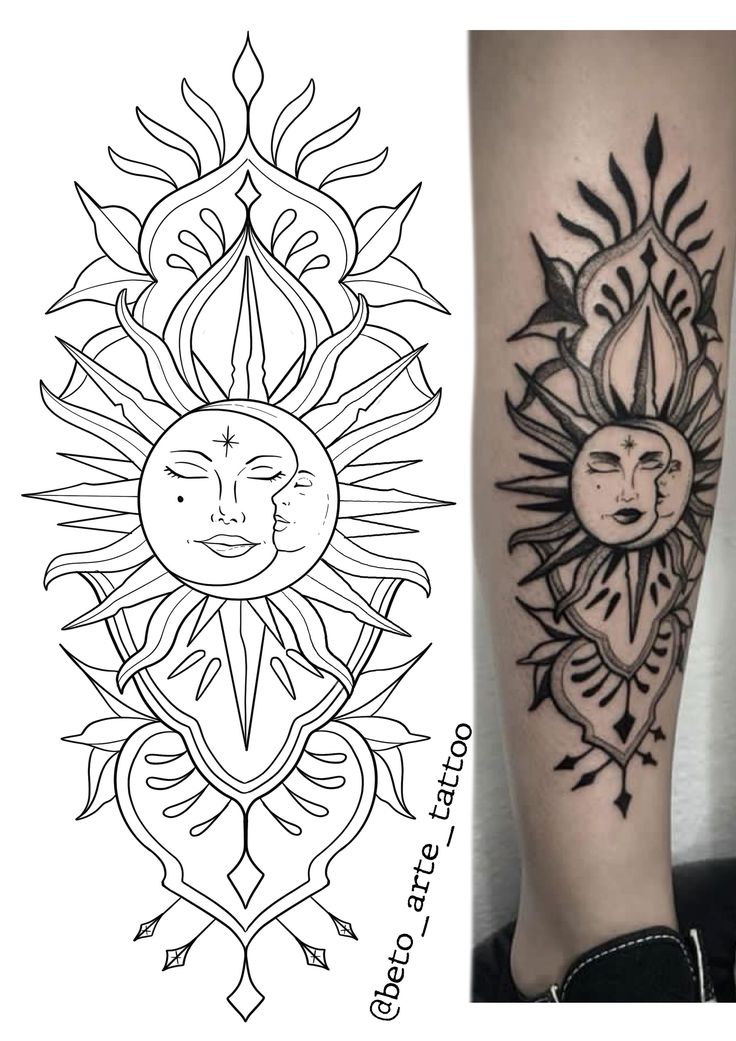 a sun and moon tattoo on the leg