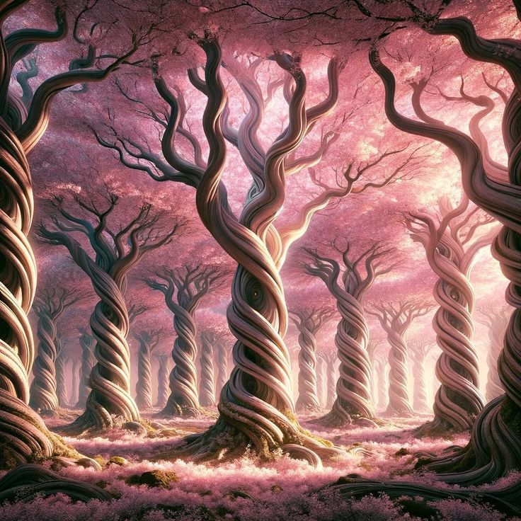 an artistic painting of trees in the forest with pink and purple hues on them