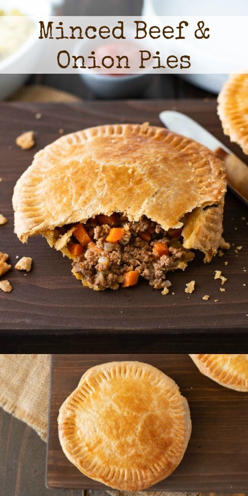 minced beef and onion pies on a cutting board