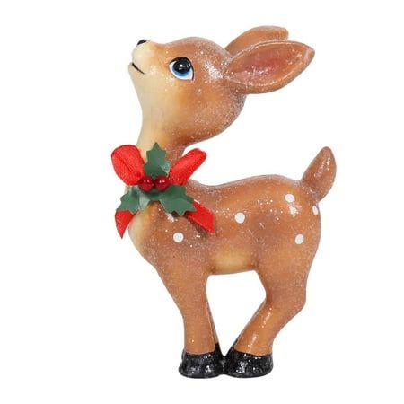 a small christmas ornament with a deer on it's head and a red bow around its neck