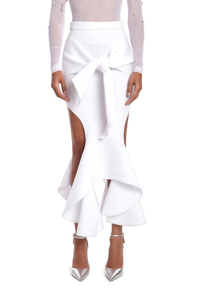 Chic Ruffled Bottoms With Flared Hem, Chic Flared Bottoms With Ruffles, Chic Bottoms With Ruffles And Flared Hem, Chic Spring Skirt With Flared Hem, Spring Chic Skirt With Flared Hem, Chic Flared Hem Bottoms For Evening, Elegant White Ruffled Maxi Skirt, Chic Formal Bottoms With Ruffles, Chic Ruffled Bottoms For Formal Occasions