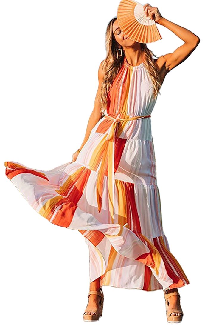 Multicolor Color Block Pleated Halter Neck Backless Maxi Dress Colorful Chic Maxi Dress, Chic Multicolor Maxi Dress For Beach Season, Chic Multicolor Beach Dresses, Long Flowy Dress, Color Block Maxi Dress, Backless Maxi Dress, Backless Maxi Dresses, International Fashion, Flowy Dress