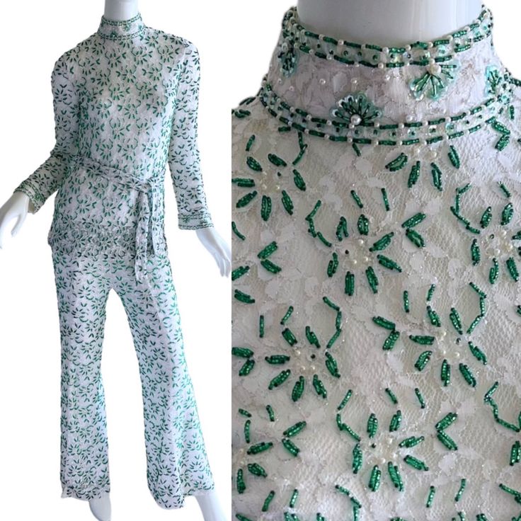 1960s Colt Orient sensational lace, rhinestone, beaded pant Set. Glamorous luxurious wedding party pant set. Mod white lace belted set. Excellent vintage condition, Ready to wear. Fully lined. Size small  Top Chest 36 waist 36 hips 39 Pants waist 30 hips 40 inseam 30 Lace Sets For Spring Parties, Spring Wedding Lace Sets, Embellished Fitted Lace Sets, Embellished Lace Party Sets, Party Lace Embellished Sets, Fitted Lace Evening Sets, Evening Lace Fitted Sets, Vintage Party Sets For Spring, Elegant Lace Sets With Sequins