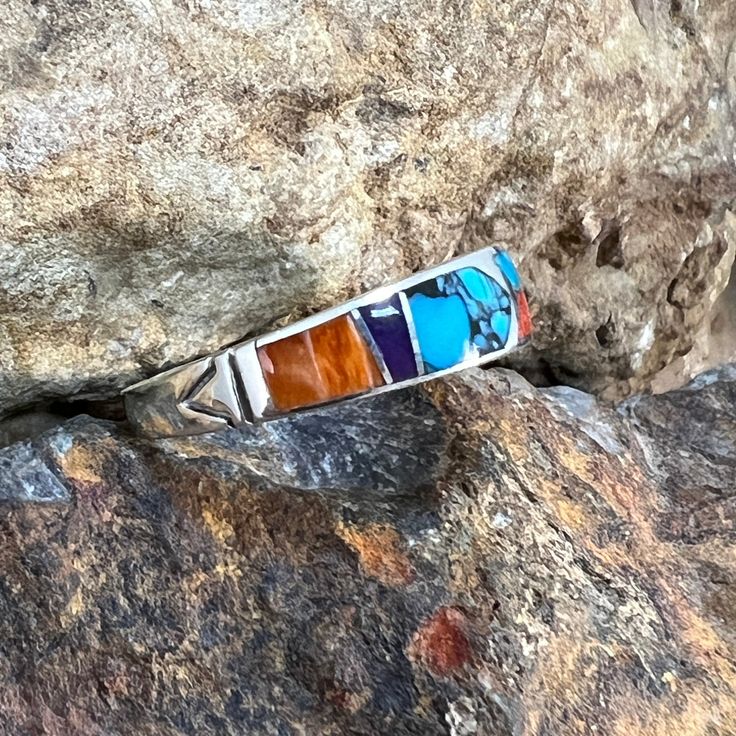 David Rosales Indian Summer Inlaid Sterling Silver Ring Adjustable Multicolor Multi-stone Turquoise Ring, Southwestern Multicolor Gemstone Turquoise Ring, Southwestern Multicolor Turquoise Gemstone Ring, Multicolor Multi-stone Turquoise Ring, Multicolor Natural Stone Rings For Anniversary, Unique Multicolor Multi-stone Rings, Anniversary Rings With Multicolor Natural Stones, Southwestern Style Multicolor Gemstone Rings, Multicolor Bohemian Turquoise Ring With Inlay