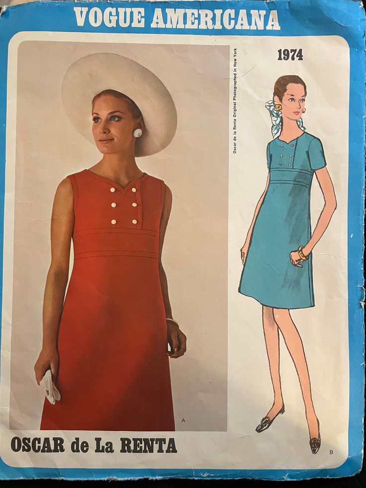 This is a Vogue pattern for a One-Piece Dress. Semi-fitted A-line dress with above-waistline inset band, has bodice with double-breasted effect; button trim. Shaped neckline. Short sleeves or sleeveless. Top-stitch trim.  Size 8  Bust 31.5" Pattern is Cut and complete  NOTE: We acquire our patterns from the used marketplace. Pattern pieces, instructions, and envelopes can be in a variety of conditions. We do our best to describe the condition of the pattern pieces, but DO NOT always describe the state of the envelope. If the state of the envelope is important to you - PLEASE MESSAGE US so we can double check for you. Vogue Pattern, Button Dress, One Piece Dress, 1960s Vintage, Knee Length Dress, Double Breasted, A Line Dress, Knee Length, Short Sleeves