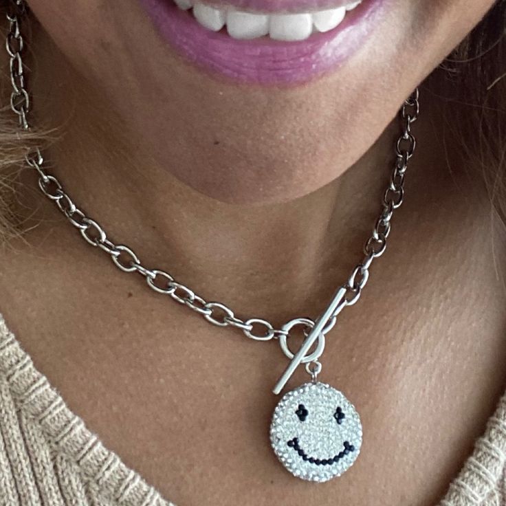 Embellished Smiley Face Tag Toggle Necklace Silver Tone Smiley Face Tag Necklace With Toggle Closure. Measurements: Chain Length Approximately 15“, Ornament Length 1.0“ Trendy Toggle Necklace With Adjustable Chain, Trendy Silver Toggle Necklace, Trendy Metal Toggle Necklace With Adjustable Chain, Adjustable Toggle Chain Necklace, Metal Toggle Necklace With Adjustable Chain, Adjustable Chain Toggle Necklace, Metal Toggle Necklace With Round Shape, Chunky Metal Toggle Necklace, Elegant Metal Toggle Necklace, Tarnish Resistant