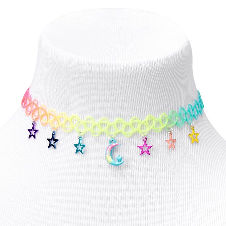 Claire's Moon and Stars Anodized Tattoo Choker Necklace Necklace Soy Luna, Tattoo Choker Bracelet, Multicolor Star-shaped Adjustable Necklace, Trendy Multicolor Star Charm Necklace, Trendy Multicolor Star Necklace, Trendy Multicolor Star Shaped Necklace, Trendy Multicolor Star-shaped Jewelry, Trendy Multicolor Star Jewelry, Pastel Goth Choker