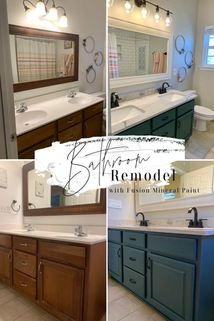 the before and after photos of a bathroom remodel with blue cabinets, white counter tops, and dark wood cabinetry