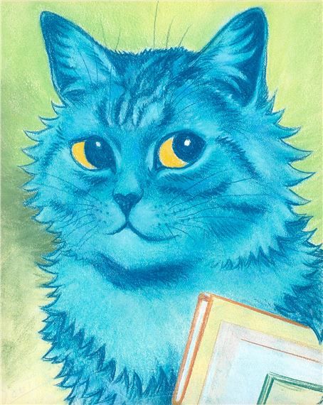 a painting of a blue cat with yellow eyes looking at the camera while holding a book