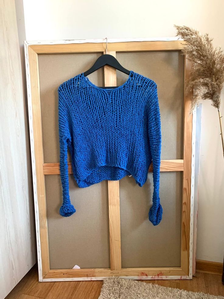 Blue Hand Knit Cotton Sweater Knit Cotton Top Loose Cotton | Etsy Ukraine Stretch Acrylic Sweater With Textured Knit, Stretch Textured Knit Acrylic Sweater, Casual Stretch Fine Knit Sweater, Trendy Blue Acrylic Tops, Blue Textured Knit Cropped Sweater With Crew Neck, Blue Fine Knit Long Sleeve Cardigan, Crew Neck Textured Cotton Cardigan, Trendy Cotton Stretch Sweater, Stretch Acrylic Knitted Sweater