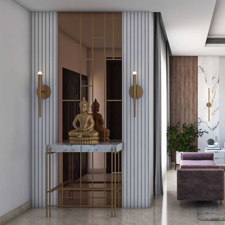 a living room filled with furniture and a buddha statue on top of a marble table