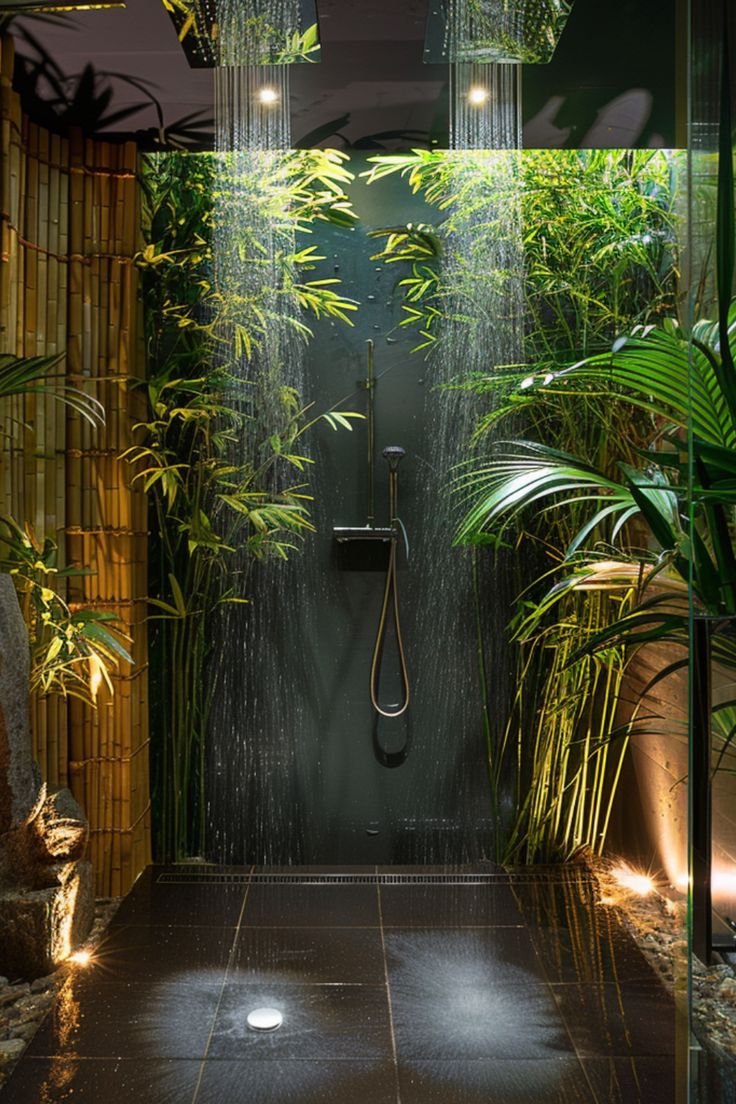 an indoor shower with plants and lights