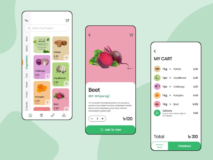 three mobile app screens showing different fruits and vegetables, one with the word beet on it