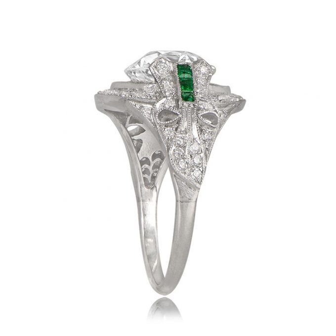 A beautiful Estate Emerald Cut Diamond Engagement Ring, accented by a tapered baguette and bullet-cut diamonds on either side. Antique Engagement Ring Art Deco, Antique Cushion Cut Diamond, European Cut Diamond Engagement Ring, Antique Cushion Cut, European Cut Diamond Ring, Estate Diamond Jewelry, Edwardian Engagement Ring, Emerald Cut Diamond Engagement Ring, Emerald Cut Diamond Engagement