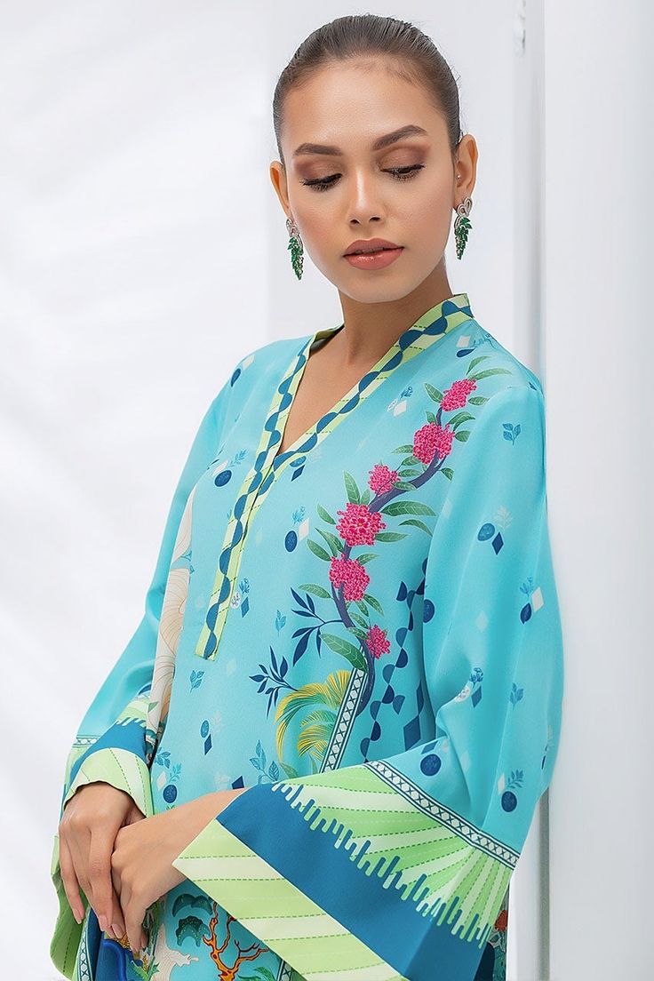 Sea Blue And Navy Blue Crepe Printed Kurta And Matching Printed Panwar – Sania Maskatiya International Blue Cotton Tops With Printed Motifs, Casual Patterned Printed Kurta, Casual Printed Patterned Kurta, Blue Ikat Print Top For Summer, Blue Long Sleeve Tops With Printed Motifs, Casual V-neck Kurta With Floral Print, Blue Fitted Tunic Kurta, Blue Bohemian Tops With Abstract Print, Bohemian Blue Tops With Abstract Print