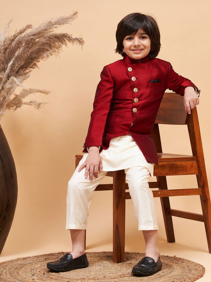 Vastramay boys maroon indo western jacket with cream kurta and pyjama set Kids Kurta, Style Header, Maroon Jacket, Western Jacket, Western Design, Sharara Set, Boys Wear, Kurta With Pants, Indo Western