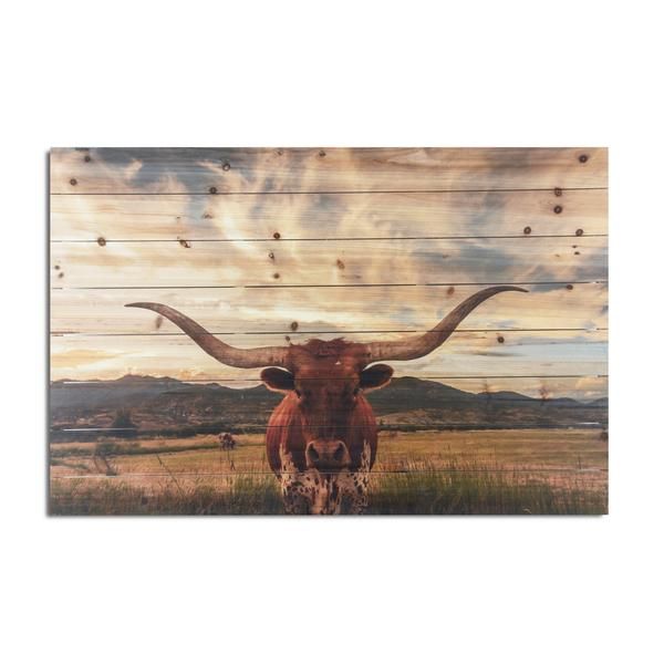 a long horn steer standing in front of a wooden fence with mountains in the background