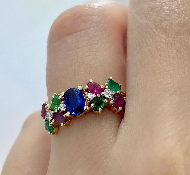 COLORFUL STONES RING - Tiny Blue Gemstone Ring Band - Gf Birthday Gift - Woman Gemstone Ring - Solid Gold Jewelry *100% natural gemstone *100% natural diamonds *14k solid gold *solid gold (NOT plated) *gemstones: ruby-emerald-sapphire *gemstone: diamond *stones shape : oval *stone shape diamond: round *stone gemstones : 2x3 mm. - 3x5 mm. *stone gemstones ct. : 1.20-1.45 ct. *stones ruby : 4 pc. *stone sapphire : 1 pcs. *stone emerald : 4 pcs. *stone diamond : 4 pcs. *stone diamond ct. : 0.10 ct. Elegant Multi-stone Birthday Rings, Elegant Multi-stone Ring For Birthday, Fine Jewelry Multi-stone Ring For Birthday, Gf Birthday, Blue Gemstone Ring, Gold Schmuck, Ruby Bands, Colorful Stones, Blue Gemstone Rings