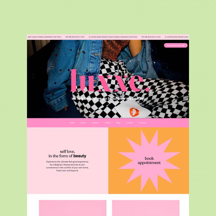 the website is designed to look like it has pink and green accents, including black and white checkered bags