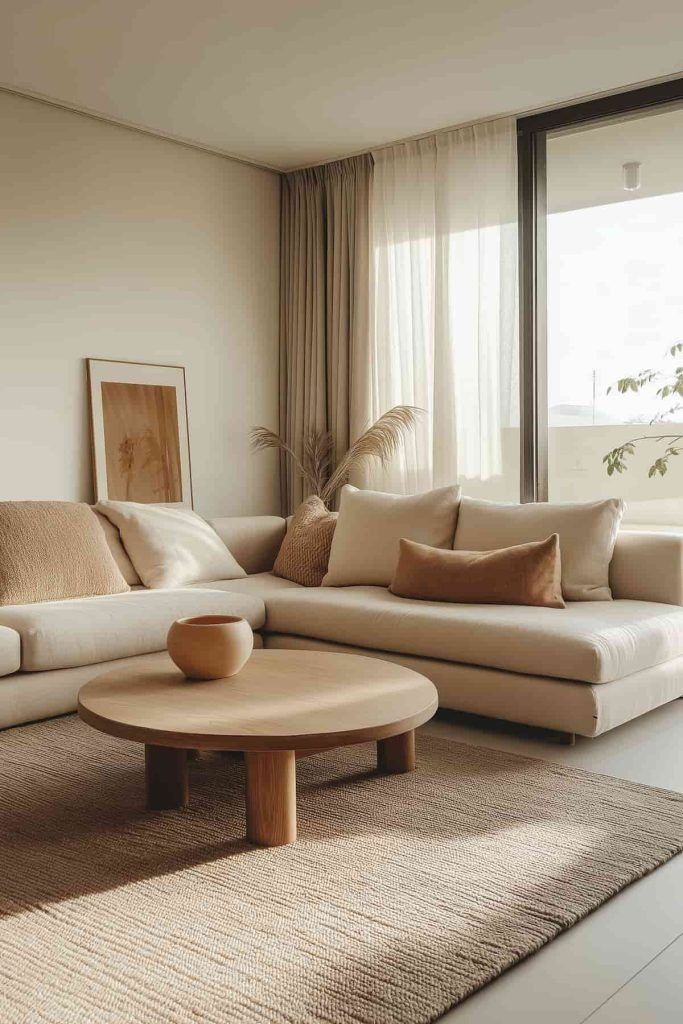 a living room filled with furniture next to a large window and a painting on the wall