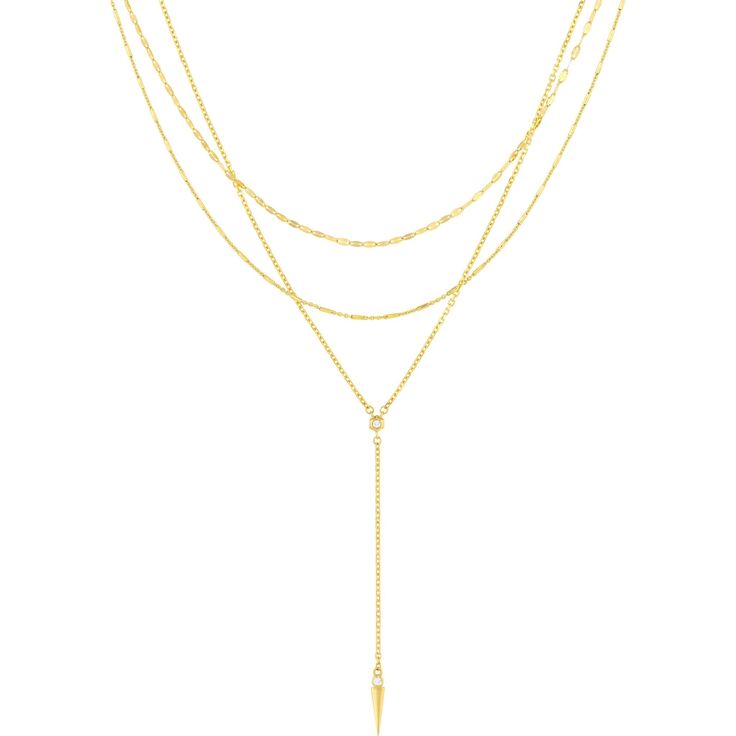 Olas d'Oro 17 Necklace - 14K Yellow Gold Diamond Multi Layered Lariat Spike Necklace Luxury Yellow Gold Lariat Necklaces, Adjustable Chain Necklace For Layering, Fine Jewelry With Delicate Long Drop Chain, Fine Jewelry Lariat Necklace With Dangle Feature, Fine Jewelry Lariat Necklace With Adjustable Chain, Formal Lariat Chain Necklace In Fine Jewelry Style, Formal Fine Jewelry Lariat Chain Necklace, Formal Lariat Chain Necklace Fine Jewelry, Fine Jewelry Yellow Gold Backdrop Necklace With Delicate Chain