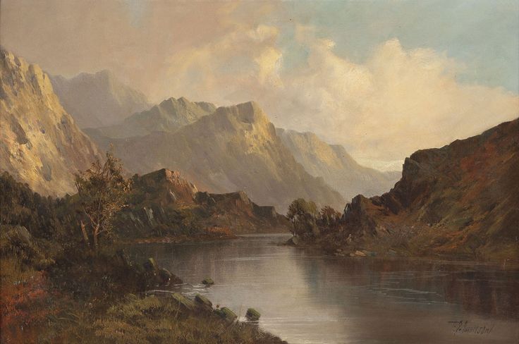 a painting of mountains and water with clouds in the sky above it, near a river