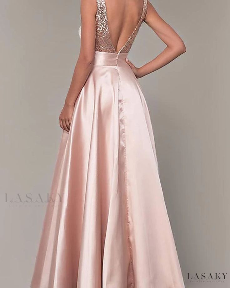 Lasaky - Exquisite Rose Gold Sequin Evening Dress: Elegant V-Neck Backless Bridesmaid Gown Embracing Glamour and Sparkle Pink V-neck Bridesmaid Dress For Party, Pink Backless Evening Dress For Prom, Backless Satin Bridesmaid Dress For Party, Pink Backless Gown For Prom, Glamorous Satin V-neck Gown, Glamorous V-neck Satin Gown, Backless Pink Bridesmaid Gown, Pink Backless Bridesmaid Evening Dress, Glamorous V-neck Backless Dress For Prom