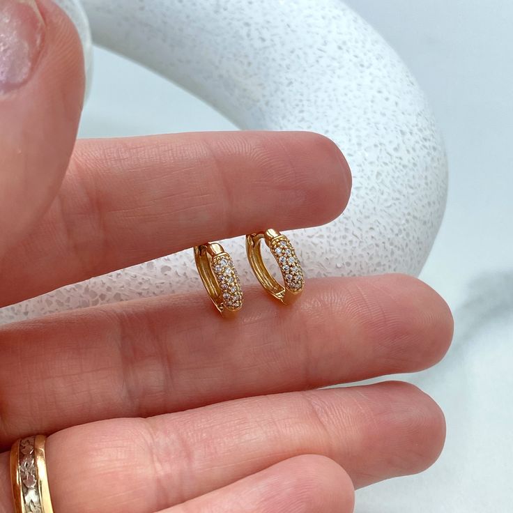 14k Solid Gold Huggie Earrings featuring Clear Cubic Zirconia, 14k Solid Yellow Gold Classic CZ Huggie Earrings. - Earrings Size:Length: 12mm | Width: 3mm | Thickness: 2mm Gold Huggie Earrings, Huggie Earrings, Chain Choker, Gold Set, Huggies Earrings, Solid Yellow, Jewelry Supplies, Anklets, Solid Gold