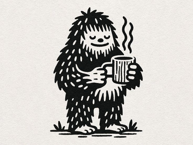 a black and white drawing of a hairy monster holding a cup of hot coffee with steam coming out of it