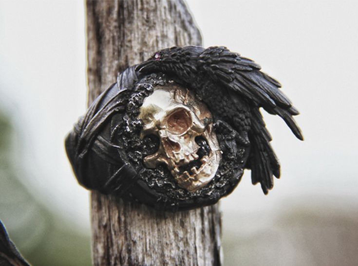 a ring with a skull and wings on it is hanging from a wooden pole in front of the camera