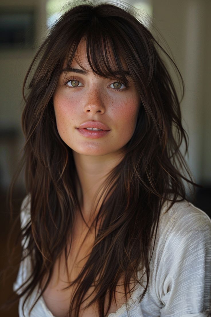 Soft Bangs Long Hair Straight, Long Wavy Hair Curtain Bangs Layers, Women’s Long Length Haircut With Curtain Bangs, Curtain Fringe Bangs Long Hair, Brunette Layers With Curtain Bangs, Bottleneck Bangs Round Face, Long Red Hair With Layers, Long Layers With Fringe, Long Layered Haircuts Curtain Bangs