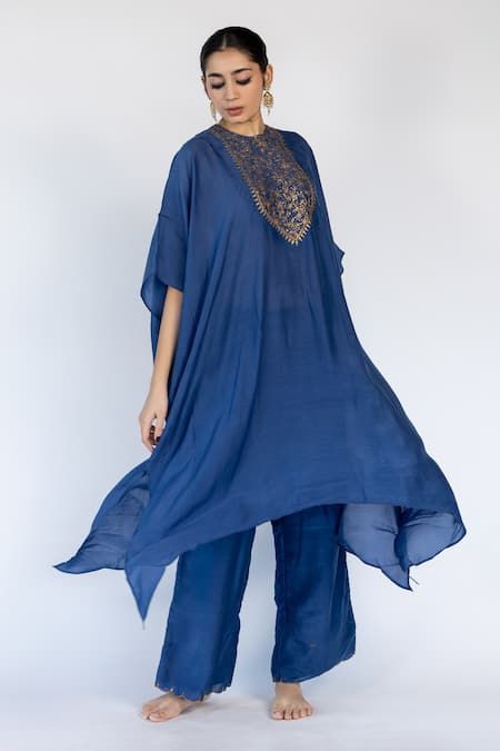 Buy Blue Cotton Silk Embroidered Thread Floral Bodice Kaftan With Pant For Women by Nirjara Online at Aza Fashions. Blue Kaftan, Embroidered Motifs, Pant For Women, Embroidered Bodice, Embroidered Silk, Cotton Silk, Aza Fashion, Fabric Cotton, Sleeve Type