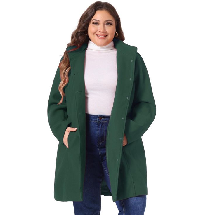 Uplift your seasonal wardrobe with this feminine single-breasted long coat. This piece is cut in a single-breasted and pea-coat style design with two slant pockets on the front. Basic with hooded, long sleeves. The ingenious pea coat design is matched with a lapel, single-breasted, detachable hooded, slant pockets, cinched waist, fully lined, and back vent to make you feel warmer and happier. Green Raincoat With Detachable Hood And Long Sleeves, Green Double-lined Hooded Raincoat For Fall, Plus Size Peacoat, Green Parka With Double-lined Hood For Spring, Green Cotton Outerwear With Double-lined Hood, Fall Long Sleeve Shirts, Plus Size Trench Coat, Functional Raincoat With Double-lined Hood And Long Sleeves, Hooded Trench Coat