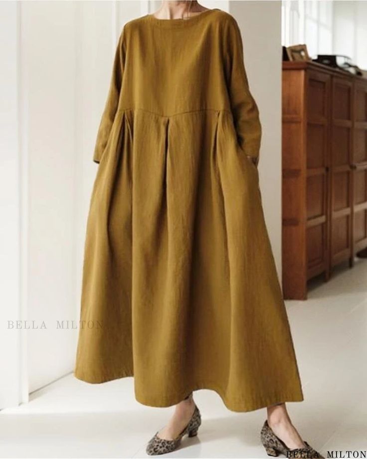 Bellamilton - College Forest Series Base Shirt - BF Style Loose Fit Cotton Linen Dress with Round Neck and Knee Length Cotton Linen Dresses, Sleeves Clothing, Pinterest Fashion, Basic Outfits, Stylish Fashion, Types Of Skirts, Linen Dress, Olivia Mark, Skirt Length