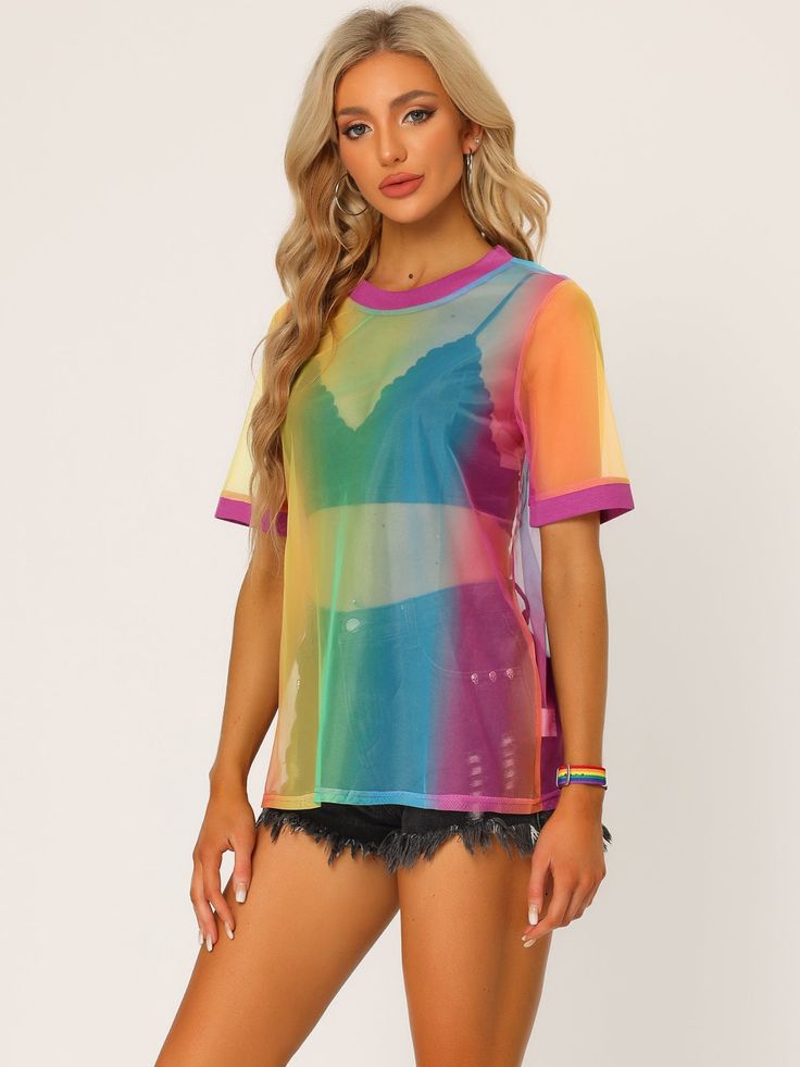 Shop Allegra K for rainbow mesh see through short sleeve cover up sheer t-shirt you are looking for, get more women's t-shirts for yourelf. Order now! Free Returns! Sheer Tops, Mesh Short, Exercise Gym, Mesh T Shirt, Pride Outfit, Sheer Shorts, Y2k Outfits, Pink Rainbow, Casual Sporty