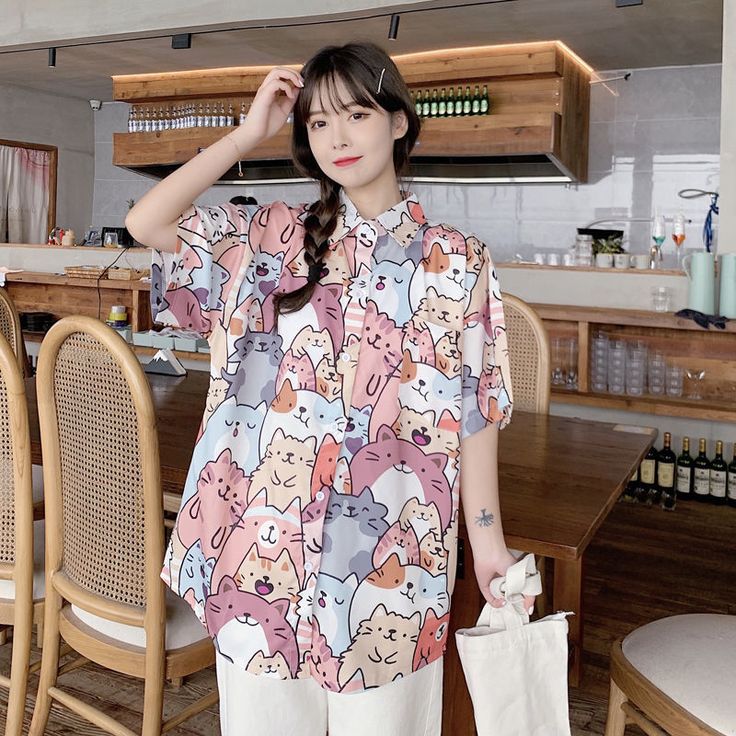 Size Chart: Casual Short Sleeve Shirt With Cat Print, Casual Summer Shirt With Cat Design, Casual Cat Design Short Sleeve Shirt, Casual Short Sleeve Shirt With Cat Design, Summer Cotton Shirt With Cat Design, Cute Relaxed Fit Printed Shirt, Clothes Korean Style, Y2k Streetwear, Print Blouse