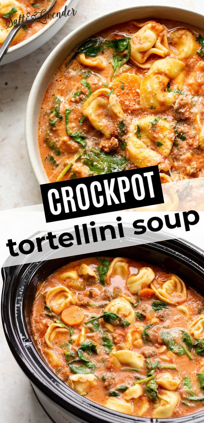 two pictures of tortellini soup in a crockpot with the title above it