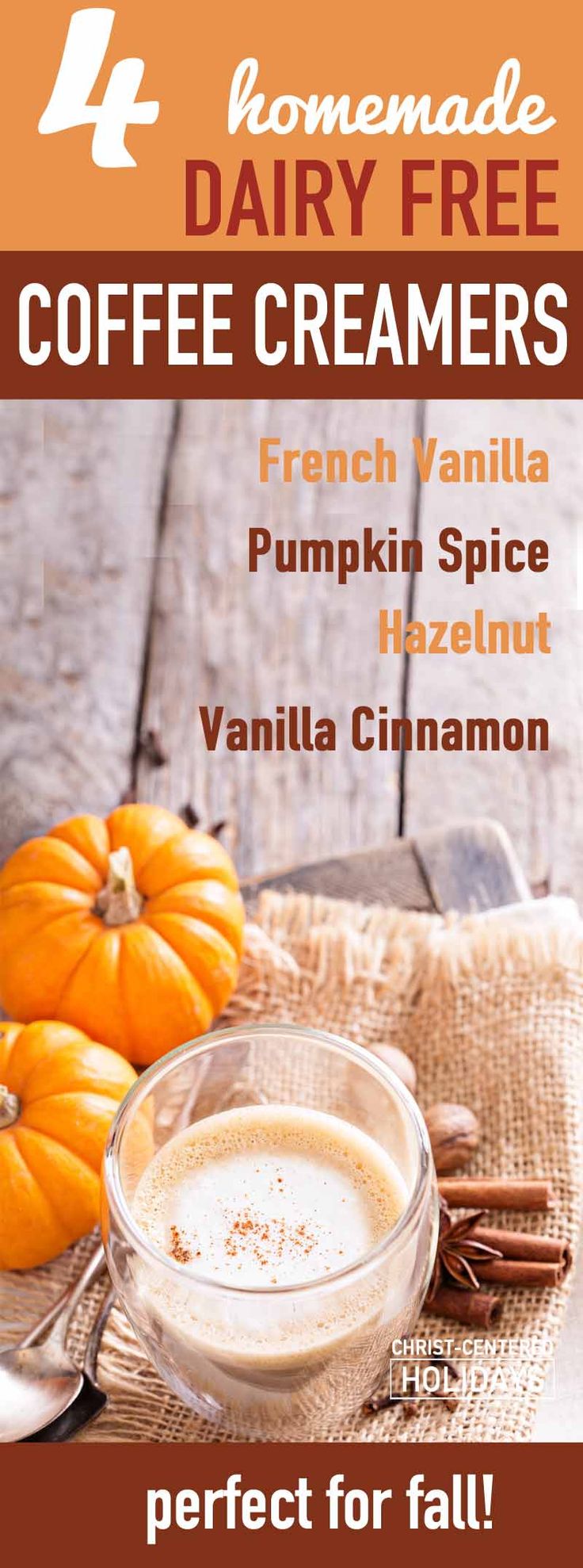 coffee creamer recipe with pumpkins and cinnamon on the side, perfect for fall