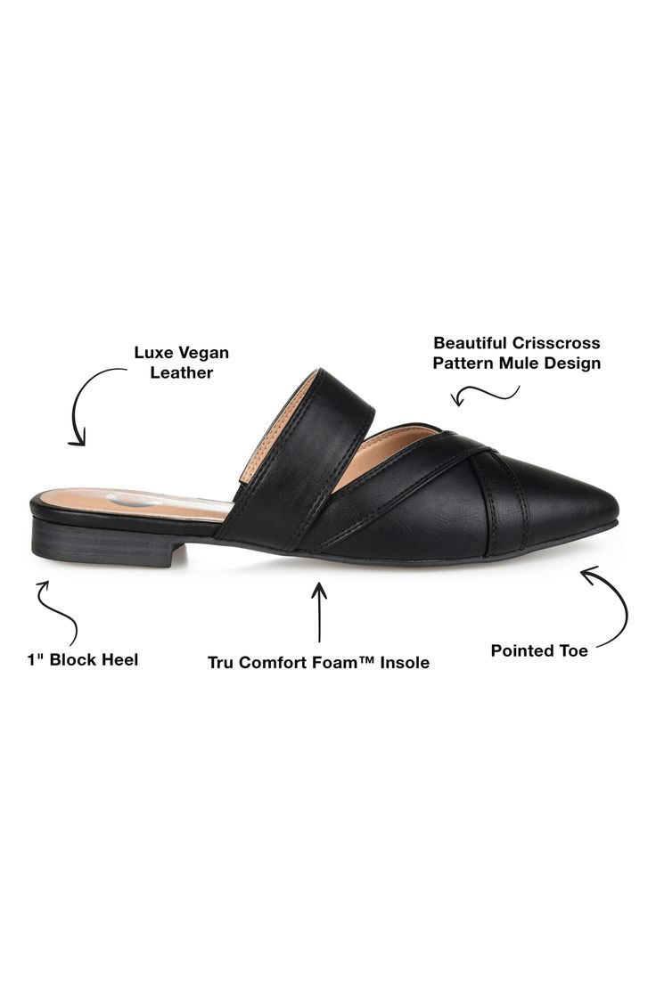 Bold seams shape the vamp of a sophisticated mule fit with a comfortable cushioned footbed for a versatile wardrobe staple. Synthetic upper, lining and sole Comfort foam cushioned Imported Modern Fitted Mules For Workwear, Synthetic Cushioned Mules For Work, Fitted Closed Toe Mules For Workwear, Fitted Almond Toe Mules For Workwear, Classic Cushioned Mules For Spring, Classic Fitted Mules For Spring, Black Textured Footbed Slip-ons, Black Mules With Textured Footbed, Classic Synthetic Mules In Medium Width