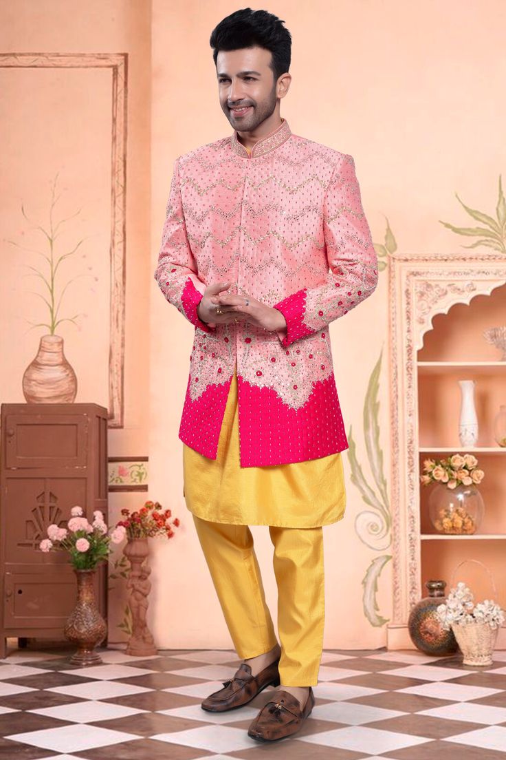 Looking for a unique and stylish sherwani? Check out our Mens Sherwani- U2-S402. With mirror, sequin, and beads embroidery, this piece will surely make you stand out. In a one-of-a-kind color combo. Mens Sherwani, Beads Embroidery, Bridal Lehenga, Color Combo, Beaded Embroidery, Color Combos, Lehenga, Party Wear, Light Pink