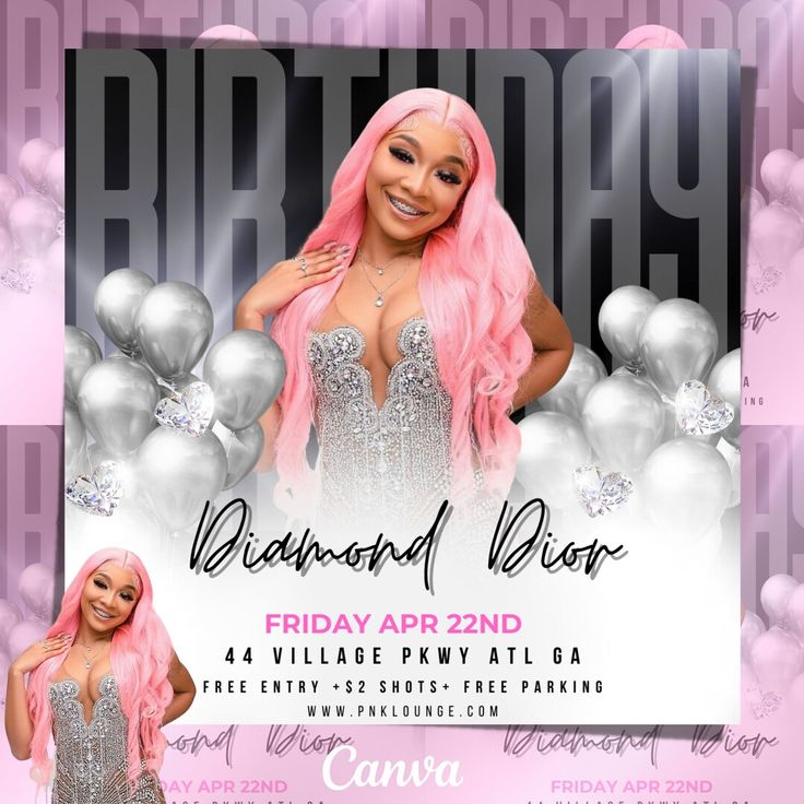 a flyer for a birthday party with an image of a woman in pink hair and silver dress