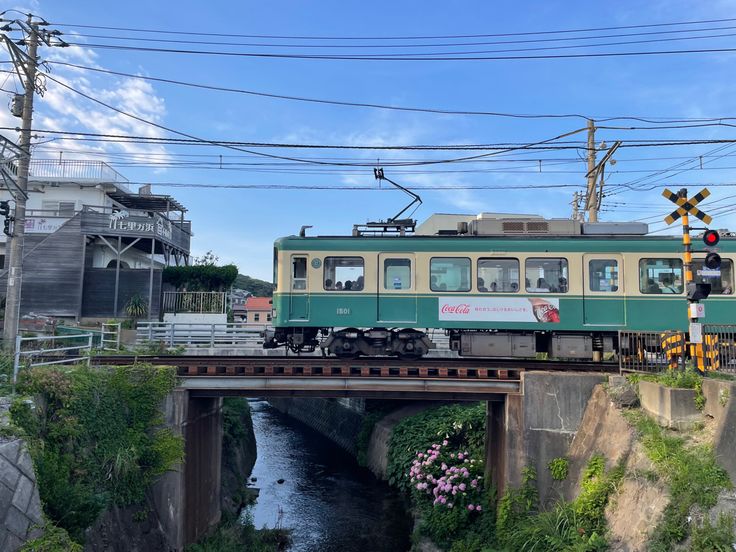 a green and white train traveling over a bridge next to a river with power lines above it