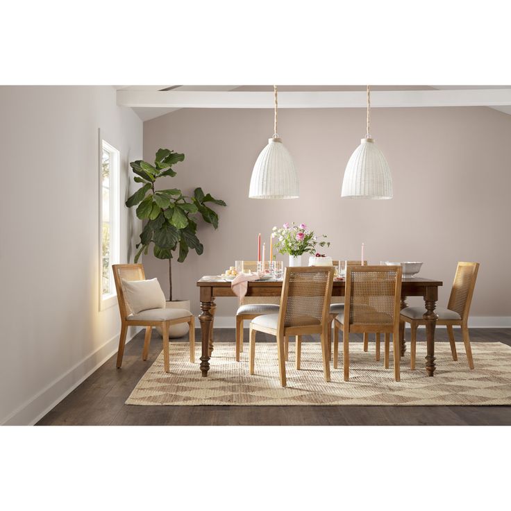 a dining room table with chairs and a potted plant