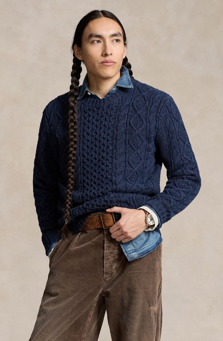 You may not be sailing the North Sea, but you can layer on this cozy cotton sweater knit with cable patterns inspired by fisherman styles from Ireland. 26 1/2" length (size Medium) Crewneck Long sleeves 100% cotton Machine wash, dry flat Imported Ralph Lauren Cable Knit, Aran Sweater, Latest Sweater, Sailor Fashion, Fisherman Sweater, Ralph Lauren Mens, Knitwear Men, Ralph Lauren Sweater, Sweaters Knitwear