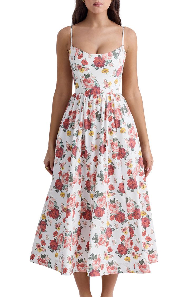 A vintage-inspired floral print perfectly complements the full-skirted A-line silhouette of this romantic sundress cut from a fresh, breezy cotton blend. Exclusive retailer Sweetheart neck Spaghetti straps 65% cotton, 32% nylon, 3% elastane Dry clean Imported Romantic Sundress, Delicate Heels, Head Turning Dress, Formal Dresses For Men, Cotton Corset, Summer Cut, House Of Cb Dresses, Floral Sundress, House Of Cb