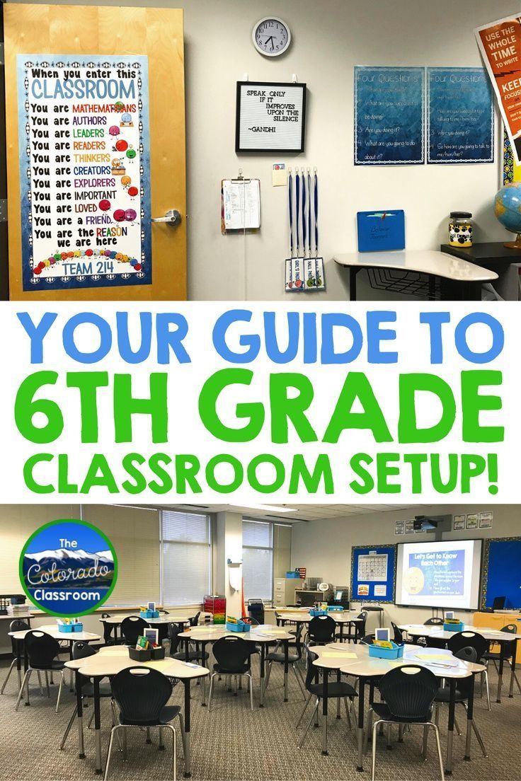 a classroom with desks and chairs in front of a bulletin board that says your guide to 6th grade classroom setup