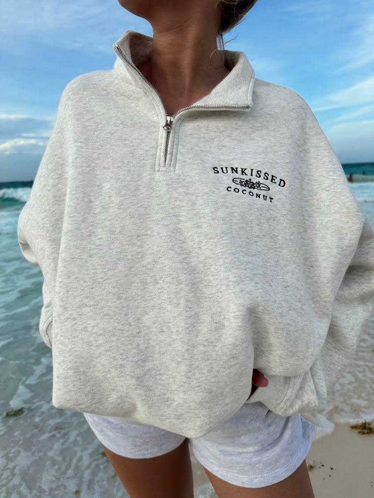 QUARTER ZIP SWEATSHIRT - Sunkissedcoconut Cute Outfits Sweatshirts, Cute Sweatshirts For School, Cute Half Zip Pullover, Happy Camper Sweatshirt, High School Outfit Inspo 2024, Quarter Zip Design, Sunkissed Coconut Sweatshirt, Sweatershirts Outfits, Preppy Sweatshirts & Hoodies